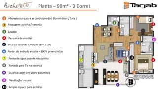 Planta – 90m² - 3 Dorms
1
1
1
1
2
3
4
4
45
5
1
2
3
4
Infraestrutura para ar condicionado ( Dormitórios / Sala )
Passagem cozinha / varanda
Lavabo
Persiana de enrolar
Piso da varanda nivelado com a sala
6
6
6
Portas de entrada e suíte – 100% preenchidas
7
7 Ponto de água quente na cozinha
8 Tomada para TV na varanda
8
9
9 Guarda corpo em vidro e alumínio
10
10
Ventilação natural
Amplo espaço para armário11
11
 