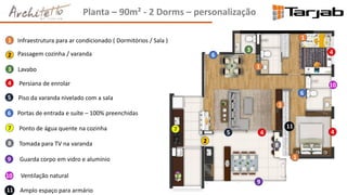 Planta – 90m² - 2 Dorms – personalização
1
1
1
1
2
3
4
4
45
5
1
2
3
4
Infraestrutura para ar condicionado ( Dormitórios / Sala )
Passagem cozinha / varanda
Lavabo
Persiana de enrolar
Piso da varanda nivelado com a sala
6
6
6
Portas de entrada e suíte – 100% preenchidas
77 Ponto de água quente na cozinha
8 Tomada para TV na varanda 8
9
9 Guarda corpo em vidro e alumínio
10
10
Ventilação natural
Amplo espaço para armário11
11
 