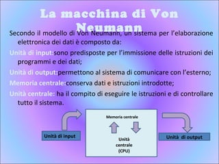 La macchina di Von Neumann Secondo il modello di Von Neumann, un sistema per l’elaborazione elettronica dei dati è composto da: Unità di input: sono predisposte per l’immissione delle istruzioni dei programmi e dei dati; Unità di output: permettono al sistema di comunicare con l’esterno; Memoria centrale: conserva dati e istruzioni introdotte; Unità centrale:   ha il compito di eseguire le istruzioni e di controllare tutto il sistema. Memoria centrale Unità centrale (CPU) Unità di input Unità  di output 