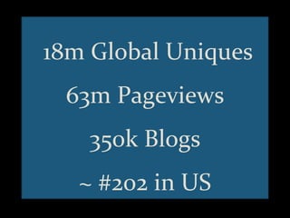 18m Global Uniques 63m Pageviews 350k Blogs ~ #202 in US 