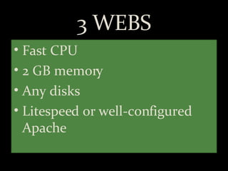 3 WEBS <ul><li>Fast CPU </li></ul><ul><li>2 GB memory </li></ul><ul><li>Any disks </li></ul><ul><li>Litespeed or well-conf...