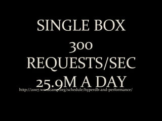 SINGLE BOX 300 REQUESTS/SEC 25.9M A DAY http://2007.wordcamp.org/schedule/hyperdb-and-performance/ 