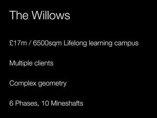 The Willows 
£17m / 6500sqm Lifelong learning campus 
Multiple clients 
Complex geometry 
6 Phases, 10 Mineshafts 
 