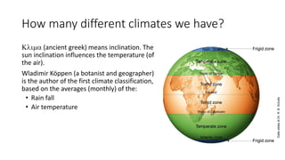How many different climates we have?
Klima (ancient greek) means inclination. The
sun inclination influences the temperature (of
the air).
Wladimir Köppen (a botanist and geographer)
is the author of the first climate classification,
based on the averages (monthly) of the:
• Rain fall
• Air temperature
DalleslidesdiDr.R.B.Schultz
 
