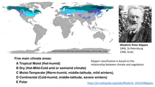 19
Wladimir Peter Köppen
1846, St.Petersburg
1940, Gratz
https://en.wikipedia.org/wiki/Wladimir_K%C3%B6ppen
Köppen classification is based on the
relationship between climate and vegetation
Five main climate areas:
A Tropical Moist (Hot-humid)
B Dry (Hot-Mild-Cold arid or semiarid climate)
C Moist-Temperate (Warm-humid, middle-latitude, mild winters),
D Continental (Cold-humid, middle-latitude, severe winters)
E Polar
https://commons.wikimedia.org/wiki/File:Koppen_World_Map_D.png
 