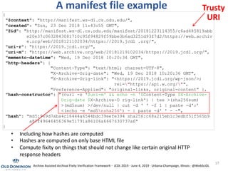 {
"@context": "http://manifest.ws-dl.cs.odu.edu/",
"created": "Sun, 23 Dec 2018 11:43:55 GMT",
"@id": "http://manifest.ws-dl.cs.odu.edu/manifest/20181223114355/c6ad485819abb
e20e37c0632843081710c95f94829f59bbe3b6ad3251d93f7d2/https://web.archiv
e.org/web/2018121102034/https://2019.jcdl .org/",
"uri-r": "https://2019.jcdl.org/",
"uri-m": "https://web.archive.org/web/20181219102034/https://2019.jcdl.org/",
"memento-datetime": "Wed, 19 Dec 2018 10:20:34 GMT",
"http-headers": {
"Content-Type": "text/html; charset=UTF-8",
"X-Archive-Orig-date": "Wed, 19 Dec 2018 10:20:36 GMT",
"X-Archive-Orig-link": "<https://2019.jcdl.org/wp-json/>;
rel="https://api.w.org/"",
"Preference-Applied": "original-links, original-content” },
"hash-constructor": "(curl -s '$uri-m' && echo -n '$Content-Type $X-Archive-
Orig-date $X-Archive-O rig-link') | tee >(sha256sum)
>(md5sum) >/dev/null | cut -d ' ' -f 1 | paste -d':’
<(echo -e 'md5nsha256') - | paste -d' ' - -",
"hash": "md5:969d7aba4c16444a6544bdc39eefe394 sha256:c68a215eb1c3edbf51f565b9
a87f49646456369e51791a86106a6667630737a6"
}
A manifest file example
• Including how hashes are computed
• Hashes are computed on only base HTML file
• Compute fixity on things that should not change like certain original HTTP
response headers
Trusty
URI
17
Archive Assisted Archival Fixity Verification Framework · JCDL 2019 · June 4, 2019 · Urbana-Champaign, Illinois · @WebSciDL
 