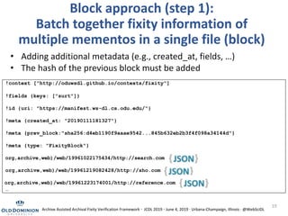 Block approach (step 1):
Batch together fixity information of
multiple mementos in a single file (block)
• Adding additional metadata (e.g., created_at, fields, …)
• The hash of the previous block must be added
!context ["http://oduwsdl.github.io/contexts/fixity"]
!fields {keys: ["surt"]}
!id {uri: "https://manifest.ws-dl.cs.odu.edu/"}
!meta {created_at: "20190111181327"}
!meta {prev_block:"sha256:d4eb1190f9aaae9542...845b632eb2b3f4f098a34144d"}
!meta {type: "FixityBlock"}
org,archive,web)/web/19961022175434/http://search.com
org,archive,web)/web/19961219082428/http://sho.com
org,archive,web)/web/19961223174001/http://reference.com
…
19
Archive Assisted Archival Fixity Verification Framework · JCDL 2019 · June 4, 2019 · Urbana-Champaign, Illinois · @WebSciDL
 