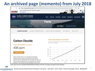 https://web.archive.org/web/20180726025537/https://climate.nasa.gov/vital-signs/carbon-dioxide/
An archived page (memento) from July 2018
5
Archive Assisted Archival Fixity Verification Framework · JCDL 2019 · June 4, 2019 · Urbana-Champaign, Illinois · @WebSciDL
 