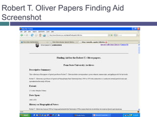 Robert T. Oliver Papers Finding Aid Screenshot