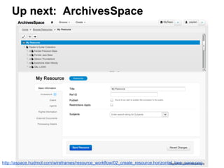 Up next: ArchivesSpace
http://aspace.hudmol.com/wireframes/resource_workflow/02_create_resource.horizontal_tree_pane.png
 