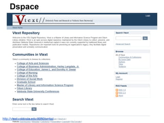 Dspace
http://vtext.valdosta.edu:8080/xmlui/
 