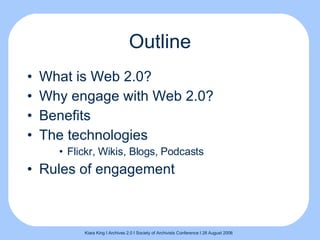 Outline <ul><li>What is Web 2.0? </li></ul><ul><li>Why engage with Web 2.0? </li></ul><ul><li>Benefits </li></ul><ul><li>T...