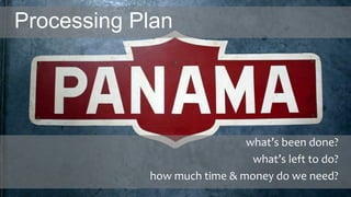 Processing Plan
what’s been done?
what’s left to do?
how much time & money do we need?
 
