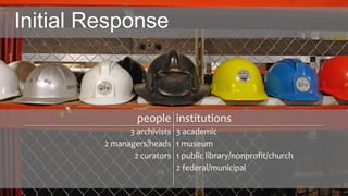 Initial Response
people institutions
3 archivists 3 academic
2 managers/heads 1 museum
2 curators 1 public library/nonprofit/church
2 federal/municipal
 