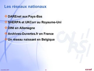 Les réseaux nationaux DAREnet aux Pays-Bas SHERPA et UKCorr au Royaume-Uni DINI en Allemagne Archives-Ouvertes.fr en France Un réseau naissant en Belgique 