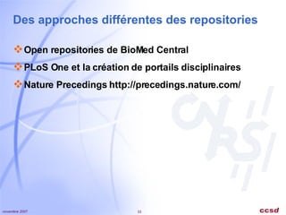 Des approches différentes des repositories Open repositories de BioMed Central PLoS One et la création de portails disciplinaires Nature Precedings http://precedings.nature.com/ 