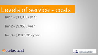 Levels of service - costs
Tier 1 - $11,900 / year
Tier 2 - $9,950 / year
Tier 3 - $120 / GB / year
 