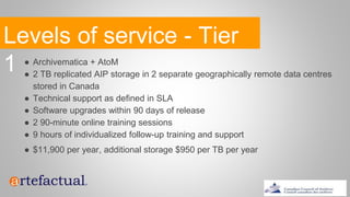 Levels of service - Tier
1 ● Archivematica + AtoM
● 2 TB replicated AIP storage in 2 separate geographically remote data centres
stored in Canada
● Technical support as defined in SLA
● Software upgrades within 90 days of release
● 2 90-minute online training sessions
● 9 hours of individualized follow-up training and support
● $11,900 per year, additional storage $950 per TB per year
 