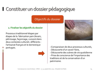 Constituer un dossier pédagogique
                                       Objectifs du dossier

  2. Finaliser les objectifs du dossier

Processus traditionnel étapes par
étapes de la fabrication pain (levain,
pétrissage, façonnage, cuisson) dans
deux contextes culturels différents :
l’artisanat français et le domestique
portugais.                                                       - Comparaison de deux processus culturels,
                                                                 - Découverte d’un savoir-faire,
                                                                 - Découverte des scènes de vie quotidienne
                                                                 - Prise de conscience de l’importance des
                                                                 traditions et de la conservation d’un
                                                                 patrimoine.


            Connaissances no(s) limit(es) – AFEA – 21-24 septembre 2011 - Elisabeth de Pablo             14
 