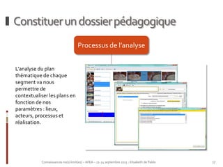 Constituer un dossier pédagogique
                                    Processus de l’analyse


L’analyse du plan
thématique de chaque
segment va nous
permettre de
contextualiser les plans en
fonction de nos
paramètres : lieux,
acteurs, processus et
réalisation.




           Connaissances no(s) limit(es) – AFEA – 21-24 septembre 2011 - Elisabeth de Pablo   17
 