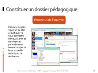 Constituer un dossier pédagogique
                                    Processus de l’analyse

 L’analyse du plan
 visuel (et du plan
 acoustique) va
 nous permettre
 de visualiser et de
 nommer ces
 paramètres en
 tenant compte de
 leurs procédés
 techniques de
 réalisation.




           Connaissances no(s) limit(es) – AFEA – 21-24 septembre 2011 - Elisabeth de Pablo   18
 