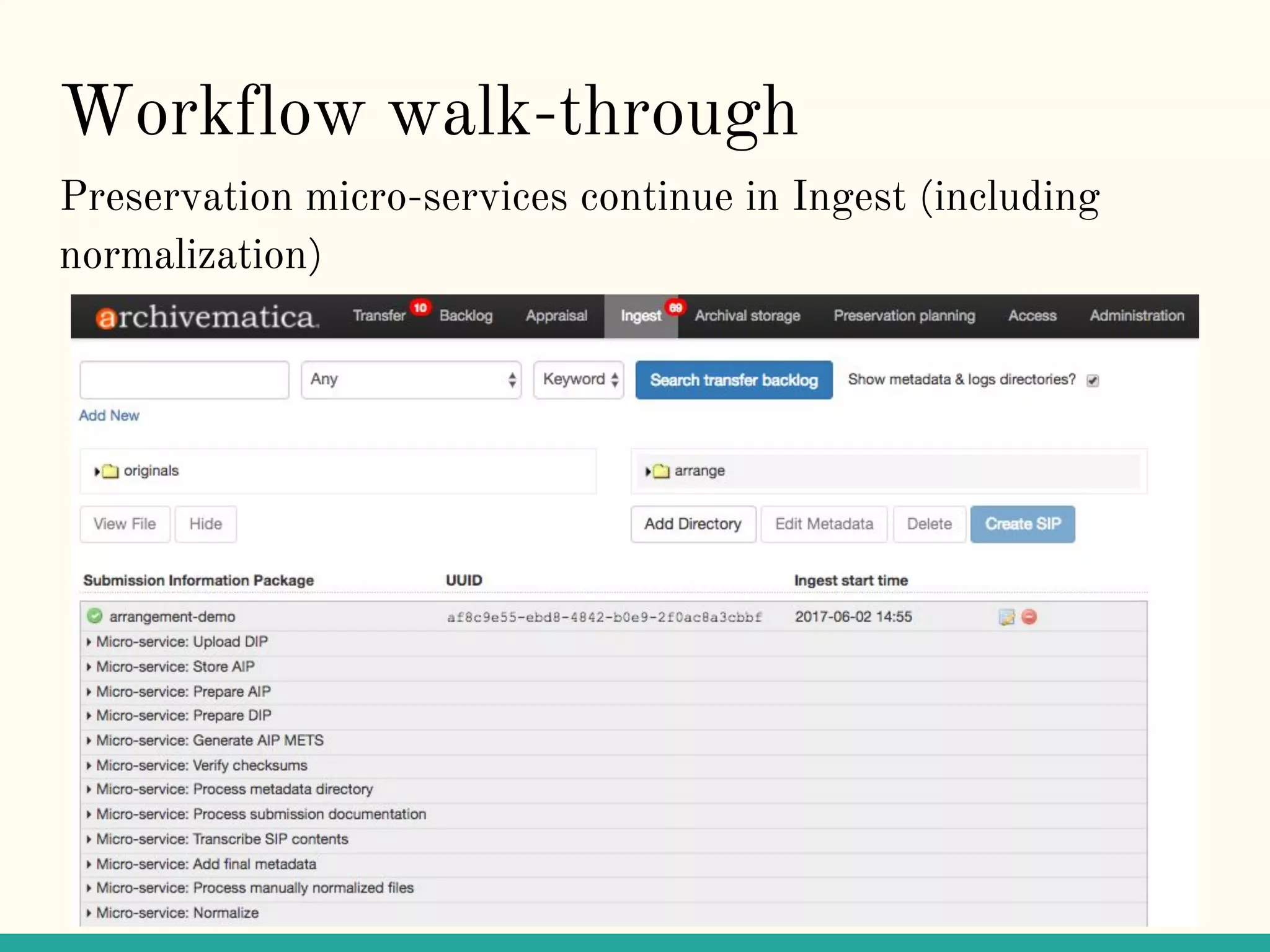 Workflow walk-through
Preservation micro-services continue in Ingest (including
normalization)
 