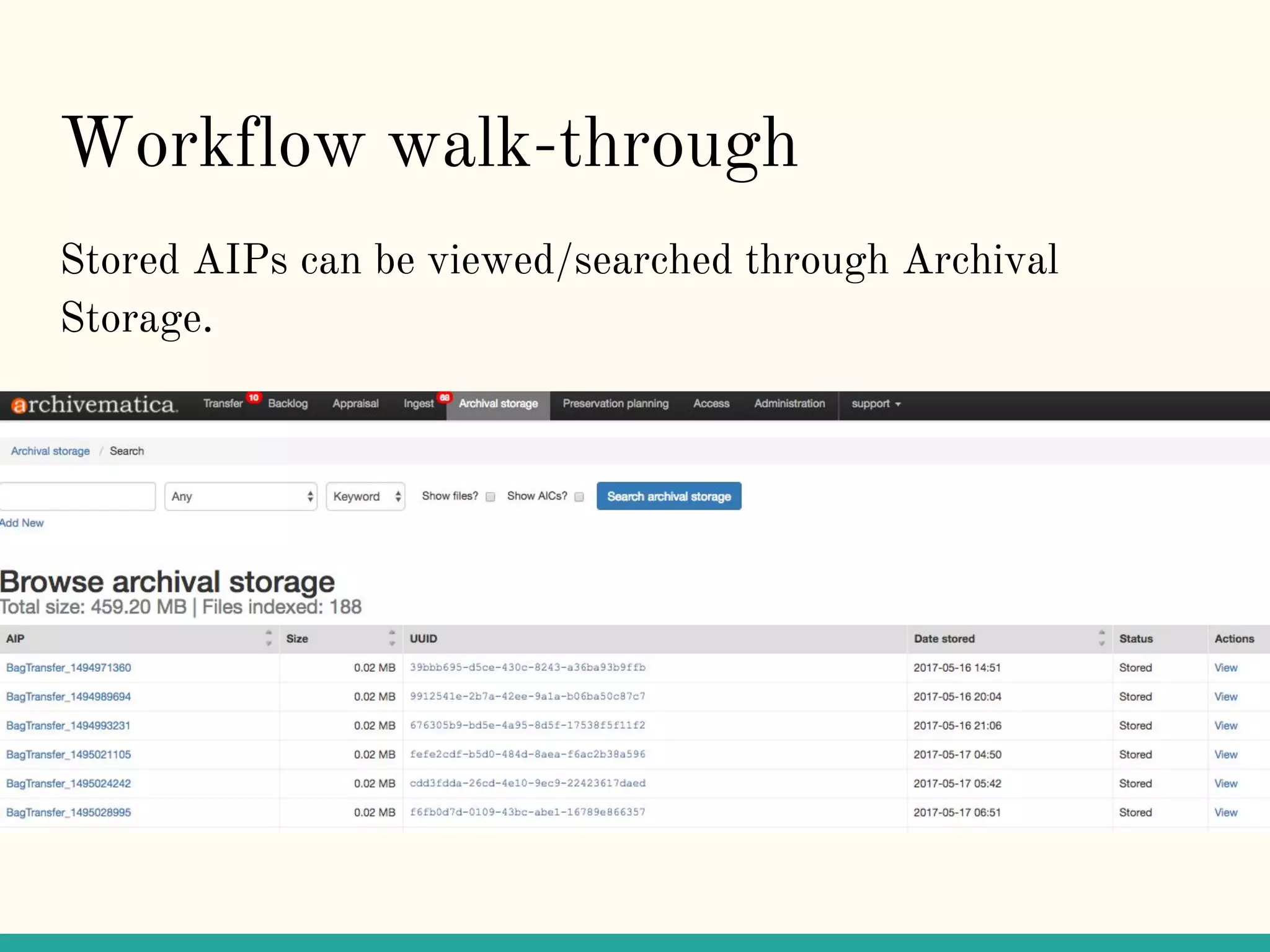 Workflow walk-through
Stored AIPs can be viewed/searched through Archival
Storage.
 