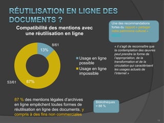 Fondements des mentions légalesSur 85 sites d’archives, dont 61 disposent d’une mention légale9 sites posent des restrictions sans indiquer aucun fondement légal, ce qui soulève des questions quant à la validité juridique des mentions. (NB : le total dépasse 61 car certaines mentions s’appuient sur plus d’un fondement)8