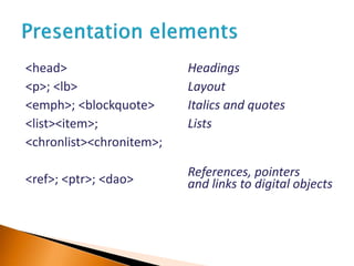 <head>
<p>; <lb>
<emph>; <blockquote>
<list><item>;
<chronlist><chronitem>;
<ref>; <ptr>; <dao>
Headings
Layout
Italics and quotes
Lists
References, pointers
and links to digital objects
 