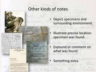 Other kinds of notes

          • Depict specimens and
            surrounding environment.

          • Illustrate precise location
            specimen was found.

          • Expound or comment on
            what was found.

          • Something extra.
 