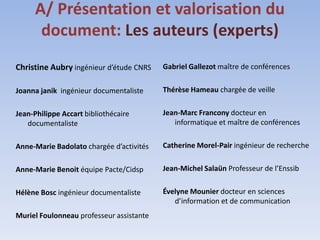 A/ Présentation et valorisation du
      document: Les auteurs (experts)
Christine Aubry ingénieur d’étude CNRS    Gabriel Gallezot maître de conférences


Joanna janik ingénieur documentaliste     Thérèse Hameau chargée de veille


Jean-Philippe Accart bibliothécaire       Jean-Marc Francony docteur en
   documentaliste                            informatique et maître de conférences


Anne-Marie Badolato chargée d’activités   Catherine Morel-Pair ingénieur de recherche


Anne-Marie Benoit équipe Pacte/Cidsp      Jean-Michel Salaün Professeur de l’Enssib


Hélène Bosc ingénieur documentaliste      Évelyne Mounier docteur en sciences
                                             d’information et de communication
Muriel Foulonneau professeur assistante
 