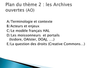 Plan du thème 2 : les Archives ouvertes(AO)A/Terminologie et contexteB/Acteurs et enjeuxC/Le modèlefrançais HALD/Les moissonneurs  et portails (Isidore,OAIster, DOAJ, ….)E/La question des droits (CreativeCommons…)