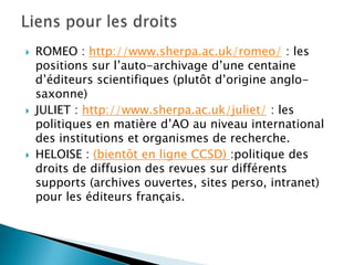 EnEurope, en France, auniveau localLe portail européen des archives (14pays/annuaire/recherche combinée…) http://www.archivesportaleurope.eu/index.actionHAL. L’archive ouverte pluridisciplinaire (CNRS) www.archives-ouvertes.frAO pour l'enseignement supérieur et la recherche du consortium Couperin. http://www.couperin.org/archivesouvertes/Thèses en ligne (CCSD) http://tel.archives-ouvertes.fr/EPURE (moissonneur d’AO de Toulouse) version beta…