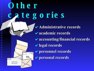 Other categories  Administrative records  academic records accounting/financial records legal records personnel records personal records 