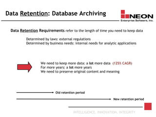 INTELLIGENCE. INNOVATION. INTEGRITY
We need to keep more data: a lot more data (125% CAGR)
For more years: a lot more years
We need to preserve original content and meaning
Old retention period
New retention period
Data Retention Requirements refer to the length of time you need to keep data
Determined by laws: external regulations
Determined by business needs: internal needs for analytic applications
Data Retention: Database Archiving
 