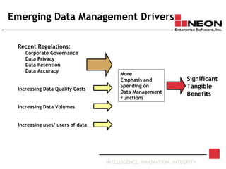 INTELLIGENCE. INNOVATION. INTEGRITY
Emerging Data Management Drivers
Recent Regulations:
Corporate Governance
Data Privacy
Data Retention
Data Accuracy
Increasing Data Quality Costs
Increasing Data Volumes
Increasing uses/ users of data
More
Emphasis and
Spending on
Data Management
Functions
Significant
Tangible
Benefits
 