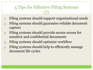 5 Tips for Effective Filing Systems
21
1. Filing systems should support organizational needs
2. Filing systems should guar...
