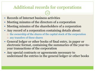 Additional records for corporations
50
 Records of Internet business activities
 Meeting minutes of the directors of a c...