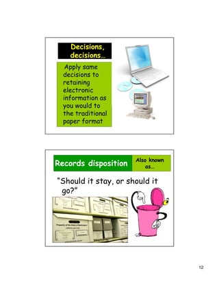 Decisions,
    decisions…
   Apply same
  decisions to
  retaining
  electronic
  information as
  you would to
  the traditional
  paper format




                      Also known
Records disposition       as…

“Should it stay, or should it
 go?”




                                   12
 
