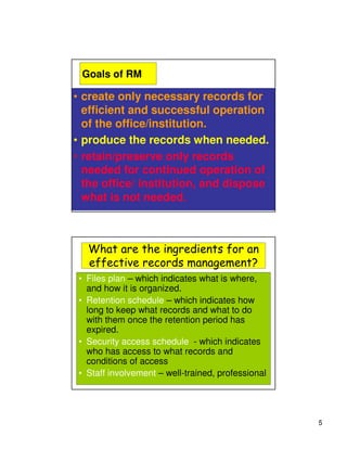 Goals of RM

• create only necessary records for
  efficient and successful operation
  of the office/institution.
• produce the records when needed.
• retain/preserve only records
  needed for continued operation of
  the office/ institution, and dispose
  what is not needed.



   What are the ingredients for an
   effective records management?
 • Files plan – which indicates what is where,
   and how it is organized.
 • Retention schedule – which indicates how
   long to keep what records and what to do
   with them once the retention period has
   expired.
 • Security access schedule - which indicates
   who has access to what records and
   conditions of access
 • Staff involvement – well-trained, professional




                                                    5
 