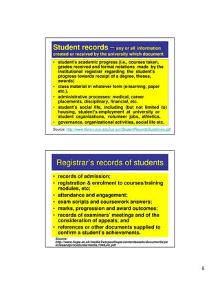 Student records – any or all information
created or received by the university which document
• student's academic progress (i.e., courses taken,
  grades received and formal notations made by the
  institutional registrar regarding the student's
  progress towards receipt of a degree, theses,
  awards)
• class material in whatever form (e-learning, paper
  etc.).
• administrative processes: medical, career
  placements, disciplinary, financial, etc.
• student’s social life, including (but not limited to)
  housing, student’s employment at university or
  student organizations, volunteer jobs, athletics,
• governance, organizational activities, social life etc.
Source: http://www.library.uiuc.edu/ica-suv/StudentRecordsGuidelines.pdf




  Registrar’s records of students
• records of admission;
• registration & enrolment to courses/training
  modules, etc;
• attendance and engagement;
• exam scripts and coursework answers;
• marks, progression and award outcomes;
• records of examiners’ meetings and of the
  consideration of appeals; and
• references or other documents supplied to
  confirm a student’s achievements.
 Source:
 http://www.hope.ac.uk/media/liverpoolhope/contentassets/documents/po
 liciesandprocedures/media,1046,en.pdf




                                                                           8
 