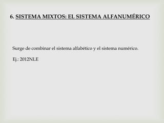 Surge de combinar el sistema alfabético y el sistema numérico.
Ej.: 2012NLE
6. SISTEMA MIXTOS: EL SISTEMA ALFANUMÉRICO
 