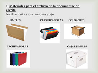 1. Materiales para el archivo de la documentación
escrita
Se utilizan distintos tipos de carpetas y cajas.
SIMPLES CLASIFICADORAS COLGANTES
ARCHIVADORAS CAJAS SIMPLES
 