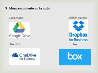 3. Almacenamiento en la nube
Google Drive Dropbox Business
OneDrive Box
 