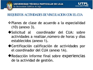 REQUISITOS ACTIVIDADES DE VINCULACION CON EL CUA Planes de clase de acuerdo a la especialidad (10) (anexo 3). Solicitud al  coordinador del CUA: sobre actividades a realizar,número de horas y días establecidos (anexo 1). Certificación calificación de actividades por el coordinador del CUA (anexo 1A). Redacción informe final sobre  experiencias  de la actividad de gestión.  
