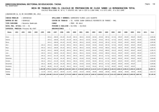 DIRECCION REGIONAL SECTORIAL DE EDUCACION - TACNA                                                                                                                                              Página:      108
Ruc :20325722941
                                 HOJA DE TRABAJO PARA EL CALCULO DE PREPARACION DE CLASE SOBRE LA REMUNERACION TOTAL
                                            CALCULO REALIZADO AL 30 %; Y AJUSTES DEL 16% A LOS D.U.090-1996, D.U.073-1997, D.U.011-1999

LIQUIDACION AL 31 DE DICIEMBRE DEL 2011

CODIGO MODULAR     : 1000484162                               APELLIDOS Y NOMBRES: SARMIENTO FLORES LUIS ALBERTO
NUMERO DE DNI      : 00484162                                 CENTRO DE TRABAJO      : IE. 42008 JUANA GONZALES REVERDITO DE PARODI - MAG
TIPO SERVIDOR      : Docente Nombrado                         CARGO                  : PROF. DE AULA
NIVEL MAG. ACTUAL: III - 30                                   PERIODO A ANALIZAR : 02/1991 - 10/2010
EXPEDIEN. PROCESO: Proceso N§ 4587                            OBSERVACIONES          :

   Meses    1991   1992   1993     1994    1995      1996      1997      1998     1999     2000     2001     2002     2003     2004     2005     2006     2007     2008     2009     2010     2011       Total



Enero                                                140.12     186.96   241.29   241.29   304.31   304.31   323.02   323.02   353.02   387.52   417.52   445.87   445.87   445.87   445.87              5,005.86

Febrero                                              140.12     186.96   241.29   241.29   304.31   304.31   323.02   323.02   353.02   387.52   417.52   445.87   445.87   445.87   445.87              5,005.86

Marzo                                                140.12     186.96   241.29   241.29   304.31   304.31   323.02   323.02   353.02   387.52   417.52   445.87   445.87   445.87   445.87              5,005.86

Abril                                       140.12   140.12     186.96   241.29   304.31   304.31   304.31   323.02   323.02   353.02   387.52   417.52   445.87   445.87   445.87   445.87              5,209.00

Mayo                                        140.12   140.12     186.96   241.29   304.31   304.31   304.31   323.02   353.02   374.02   408.52   432.22   445.87   445.87   445.87   445.87              5,295.70

Junio                                       140.12   140.12     186.96   241.29   304.31   304.31   304.31   323.02   353.02   374.02   408.52   432.22   445.87   445.87   445.87   445.87              5,295.70

Julio                                       140.12   140.12     186.96   241.29   304.31   304.31   304.31   323.02   353.02   374.02   408.52   432.22   445.87   445.87   445.87   445.87              5,295.70

Agosto                                      140.12   140.12     241.29   241.29   304.31   304.31   304.31   323.02   353.02   387.52   417.52   432.22   445.87   445.87   445.87   445.87              5,372.53

Setiembre                                   140.12   140.12     241.29   241.29   304.31   304.31   323.02   323.02   353.02   387.52   417.52   445.87   445.87   445.87   445.87   445.87              5,404.89

Octubre                                     140.12   140.12     241.29   241.29   304.31   304.31   323.02   323.02   353.02   387.52   417.52   445.87   445.87   445.87   445.87   445.87              5,404.89

Noviembre                                   140.12   186.96     241.29   241.29   304.31   304.31   323.02   323.02   353.02   387.52   417.52   445.87   445.87   445.87   445.87                       5,005.86

Diciembre                                   140.12   186.96     241.29   241.29   304.31   304.31   323.02   323.02   353.02   387.52   417.52   445.87   445.87   445.87   445.87                       5,005.86

Usuario                                   1,261.08 1,775.12 2,515.17 2,895.48 3,462.66 3,651.72 3,726.56 3,876.24 4,116.24 4,471.74 4,863.24 5,182.44 5,350.44 5,350.44 5,350.44 4,458.70            62,307.71

Essalud                                     113.50   159.76     226.37   260.59   311.64   328.65   335.39   348.86   348.86   348.86   348.86   348.86   348.86   348.86   348.86   348.86              4,817.47

TOTAL                                     1,374.58 1,934.88 2,741.54 3,156.07 3,774.30 3,980.37 4,061.95 4,225.10 4,465.10 4,820.60 5,212.10 5,531.30 5,699.30 5,699.30 5,699.30 4,807.56            67,125.18
 