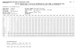 DIRECCION REGIONAL SECTORIAL DE EDUCACION - TACNA                                                                                                                                                               Página:       30
Ruc :20325722941
                                          HOJA DE TRABAJO PARA EL CALCULO DE PREPARACION DE CLASE SOBRE LA REMUNERACION TOTAL
                                                          CALCULO REALIZADO AL 30 %; Y AJUSTES DEL 16% A LOS D.U.090-1996, D.U.073-1997, D.U.011-1999

LIQUIDACION AL 31 DE DICIEMBRE DEL 2011

CODIGO MODULAR          : 8000076912                                         APELLIDOS Y NOMBRES: CONDE MAMANI GUILLERMINA J
NUMERO DE DNI           : 00429470                                           CENTRO DE TRABAJO      : CUNA JARDIN CLARITA GAMBETTA - PARA GRANDE
TIPO SERVIDOR           : Docente Nombrado                                   CARGO                  : PROF. DE AULA
NIVEL MAG. ACTUAL: III - 30                                                  PERIODO A ANALIZAR : 02/1991 - 12/2011
EXPEDIEN. PROCESO: Proceso N§ 2733                                           OBSERVACIONES          :

   Meses     1991       1992       1993         1994     1995      1996       1997      1998     1999     2000     2001     2002     2003     2004     2005     2006     2007     2008     2009     2010      2011        Total



Enero                    13.27      50.12        71.12    141.02    141.02     188.15   242.81   242.81   309.95   309.95   324.94   324.94   359.03   393.53   423.53   451.88   451.88   451.88   451.88     451.88     5,795.59

Febrero                  13.27      50.12        71.12    141.02    141.02     188.15   242.81   242.81   309.95   309.95   324.94   324.94   359.03   393.53   423.53   451.88   451.88   451.88   451.88     451.88     5,795.59

Marzo                    13.27      50.12        71.12    141.02    141.02     188.15   242.81   242.81   309.95   309.95   324.94   324.94   359.03   393.53   423.53   451.88   451.88   451.88   451.88     451.88     5,795.59

Abril                    13.27      50.12       102.62    141.02    141.02     188.15   242.81   309.95   309.95   309.95   324.94   324.94   359.03   393.53   423.53   451.88   451.88   451.88   451.88     451.88     5,894.23

Mayo                     13.27      71.12       102.62    141.02    141.02     188.15   242.81   309.95   309.95   309.95   324.94   359.03   380.03   414.53   438.23   451.88   451.88   451.88   451.88     451.88     6,006.02

Junio                    13.27      71.12       102.62    141.02    141.02     188.15   242.81   309.95   309.95   309.95   324.94   359.03   380.03   414.53   438.23   451.88   451.88   451.88   451.88     451.88     6,006.02

Julio                    13.27      71.12       102.62    141.02    141.02     188.15   242.81   309.95   309.95   309.95   324.94   359.03   380.03   414.53   438.23   451.88   451.88   451.88   451.88     451.88     6,006.02

Agosto                   31.27      71.12       102.62    141.02    141.02     242.81   242.81   309.95   309.95   309.95   324.94   359.03   393.53   423.53   438.23   451.88   451.88   451.88   451.88     451.88     6,101.18

Setiembre                31.27      71.12       102.62    141.02    141.02     242.81   242.81   309.95   309.95   324.94   324.94   359.03   393.53   423.53   451.88   451.88   451.88   451.88   451.88     451.88     6,129.82

Octubre                  31.27      71.12       141.02    141.02    141.02     242.81   242.81   309.95   309.95   324.94   324.94   359.03   393.53   423.53   451.88   451.88   451.88   451.88   451.88     451.88     6,168.22

Noviembre                31.27      71.12       141.02    141.02    188.15     242.81   242.81   309.95   309.95   324.94   324.94   359.03   393.53   423.53   451.88   451.88   451.88   451.88   451.88     451.88     6,215.35

Diciembre       6.08     31.27      71.12       141.02    141.02   188.15      242.81   242.81   309.95   309.95   324.94   324.94   359.03   393.53   423.53   451.88   451.88   451.88   451.88   451.88     451.88     6,221.43

Usuario         6.08    249.24    769.44 1,252.14 1,692.24 1,786.50 2,531.10 2,913.72 3,517.98 3,719.40 3,779.36 3,899.28 4,172.00 4,543.86 4,935.36 5,254.56 5,422.56 5,422.56 5,422.56 5,422.56            5,422.56 72,135.06

Essalud         0.55     22.43      69.25       112.69    152.30   160.79      227.80   262.23   316.62   334.75   340.14   350.94   350.94   350.94   350.94   350.94   350.94   350.94   350.94   350.94     350.94     5,546.77

TOTAL           6.63    271.67    838.69 1,364.83 1,844.54 1,947.29 2,758.90 3,175.95 3,834.60 4,054.15 4,119.50 4,250.22 4,522.94 4,894.80 5,286.30 5,605.50 5,773.50 5,773.50 5,773.50 5,773.50            5,773.50 77,681.83




            COSTO MENSUAL PERIODO 2012

            Prepa. de          Ajuste del 16%            Importe    Total     Aporte    Costo
            Clase 30% DU.090-96 DU.073-97 DU.011-99      Pagado    Usuario    Essalud   Total



             391.90      26.39      30.61       35.51     32.53    451.88      40.67    492.55
 