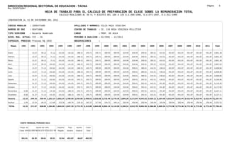 DIRECCION REGIONAL SECTORIAL DE EDUCACION - TACNA                                                                                                                                                               Página:        5
Ruc :20325722941
                                          HOJA DE TRABAJO PARA EL CALCULO DE PREPARACION DE CLASE SOBRE LA REMUNERACION TOTAL
                                                          CALCULO REALIZADO AL 30 %; Y AJUSTES DEL 16% A LOS D.U.090-1996, D.U.073-1997, D.U.011-1999

LIQUIDACION AL 31 DE DICIEMBRE DEL 2011

CODIGO MODULAR          : 1000475686                                         APELLIDOS Y NOMBRES: VILCA MEZA JOSEFINA
NUMERO DE DNI           : 00475686                                           CENTRO DE TRABAJO      : IE. 226 ROSA VIRGINIA PELLETIER
TIPO SERVIDOR           : Docente Nombrado                                   CARGO                  : PROF. DE AULA
NIVEL MAG. ACTUAL: III - 30                                                  PERIODO A ANALIZAR : 02/1991 - 12/2011
EXPEDIEN. PROCESO: Proceso N§ 1950                                           OBSERVACIONES          :

   Meses     1991       1992       1993         1994     1995      1996       1997      1998     1999     2000     2001     2002     2003     2004     2005     2006     2007     2008     2009     2010      2011        Total



Enero                    13.27      50.12        71.12    141.02    141.02     188.15   245.71   245.71   309.95   309.95   324.94   324.94   359.01   393.51   423.51   451.87   451.87   451.87   451.87     451.87     5,801.28

Febrero                  13.27      50.12        71.12    141.02    141.02     188.15   245.71   245.71   309.95   309.95   324.94   324.94   359.01   393.51   423.51   451.87   451.87   451.87   451.87     451.87     5,801.28

Marzo                    13.27      50.12        71.12    141.02    141.02     188.15   245.71   245.71   309.95   309.95   324.94   324.94   359.01   393.51   423.51   451.87   451.87   451.87   451.87     451.87     5,801.28

Abril                    13.27      50.12       102.62    141.02    141.02     188.15   245.71   309.95   309.95   309.95   324.94   324.94   359.01   393.51   423.51   451.87   451.87   451.87   451.87     451.87     5,897.02

Mayo                     13.27      71.12       102.62    141.02    141.02     188.15   245.71   309.95   309.95   309.95   324.94   359.01   380.01   414.51   438.22   451.87   451.87   451.87   451.87     451.87     6,008.80

Junio                    13.27      71.12       102.62    141.02    141.02     188.15   245.71   309.95   309.95   309.95   324.94   359.01   380.01   414.51   438.22   451.87   451.87   451.87   451.87     451.87     6,008.80

Julio                    13.27      71.12       102.62    141.02    141.02     188.15   245.71   309.95   309.95   309.95   324.94   359.01   380.01   414.51   438.22   451.87   451.87   451.87   451.87     451.87     6,008.80

Agosto                   31.27      71.12       102.62    141.02    141.02     245.71   245.71   309.95   309.95   309.95   324.94   359.01   393.51   423.51   438.22   451.87   451.87   451.87   451.87     451.87     6,106.86

Setiembre                31.27      71.12       102.62    141.02    141.02     245.71   245.71   309.95   309.95   324.94   324.94   359.01   393.51   423.51   451.87   451.87   451.87   451.87   451.87     451.87     6,135.50

Octubre                  31.27      71.12       141.02    141.02    141.02     245.71   245.71   309.95   309.95   324.94   324.94   359.01   393.51   423.51   451.87   451.87   451.87   451.87   451.87     451.87     6,173.90

Noviembre       6.08     31.27      71.12       141.02    141.02   188.15      245.71   245.71   309.95   309.95   324.94   324.94   359.01   393.51   423.51   451.87   451.87   451.87   451.87   451.87     451.87     6,227.11

Diciembre       6.08     31.27      71.12       141.02    141.02   188.15      245.71   245.71   309.95   309.95   324.94   324.94   359.01   393.51   423.51   451.87   451.87   451.87   451.87   451.87     451.87     6,227.11

Usuario        12.16    249.24    769.44 1,252.14 1,692.24 1,786.50 2,545.60 2,948.52 3,526.68 3,719.40 3,779.36 3,899.28 4,171.84 4,543.62 4,935.12 5,254.40 5,422.44 5,422.44 5,422.44 5,422.44            5,422.44 72,197.74

Essalud         1.09     22.43      69.25       112.69    152.30   160.79      229.10   265.37   317.40   334.75   340.14   350.94   350.94   350.94   350.94   350.94   350.94   350.94   350.94   350.94     350.94     5,552.52

TOTAL          13.25    271.67    838.69 1,364.83 1,844.54 1,947.29 2,774.70 3,213.89 3,844.08 4,054.15 4,119.50 4,250.22 4,522.78 4,894.56 5,286.06 5,605.34 5,773.38 5,773.38 5,773.38 5,773.38            5,773.38 77,750.26




            COSTO MENSUAL PERIODO 2012

            Prepa. de          Ajuste del 16%            Importe    Total     Aporte    Costo
            Clase 30% DU.090-96 DU.073-97 DU.011-99      Pagado    Usuario    Essalud   Total



             391.91      26.39      30.61       35.51     32.54    451.87      40.67    492.53
 