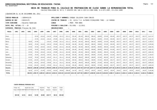 DIRECCION REGIONAL SECTORIAL DE EDUCACION - TACNA                                                                                                                                                               Página:      131
Ruc :20325722941
                                          HOJA DE TRABAJO PARA EL CALCULO DE PREPARACION DE CLASE SOBRE LA REMUNERACION TOTAL
                                                          CALCULO REALIZADO AL 30 %; Y AJUSTES DEL 16% A LOS D.U.090-1996, D.U.073-1997, D.U.011-1999

LIQUIDACION AL 31 DE DICIEMBRE DEL 2011

CODIGO MODULAR          : 1000443170                                         APELLIDOS Y NOMBRES: CHOQUE CALIZAYA JUAN CARLOS
NUMERO DE DNI           : 00443170                                           CENTRO DE TRABAJO      : IE. 42211 T.A. ALFONSO EYZAGUIRRE TARA - LA YARADA
TIPO SERVIDOR           : Docente Nombrado                                   CARGO                  : PROF. POR HORA
NIVEL MAG. ACTUAL: II - 24                                                   PERIODO A ANALIZAR : 02/1991 - 12/2011
EXPEDIEN. PROCESO: Proceso N§ 3341                                           OBSERVACIONES          :

   Meses     1991       1992       1993         1994     1995      1996       1997      1998     1999     2000     2001     2002     2003     2004     2005     2006     2007     2008     2009     2010      2011        Total



Enero                                            67.04    134.24    134.24     179.09   231.11   231.11   291.46   291.46   306.45   306.45   338.99   373.49   403.49   425.77   425.77   425.77   425.77     425.77     5,417.47

Febrero                                          67.04    134.24    134.24     179.09   231.11   231.11   291.46   291.46   306.45   306.45   338.99   373.49   403.49   425.77   425.77   425.77   425.77     425.77     5,417.47

Marzo                               46.04        67.04              134.24     179.09   231.11   231.11   291.46   291.46   306.45   306.45   338.99   373.49   403.49   425.77   425.77   425.77   425.77     425.77     5,329.27

Abril                               46.04        97.64    134.24    134.24     179.09   231.11   291.46   291.46   291.46   306.45   306.45   338.99   373.49   403.49   425.77   425.77   425.77   425.77     425.77     5,554.46

Mayo                                67.04        97.64    134.24    134.24     179.09   231.11   291.46   291.46   291.46   306.45   338.99   359.99   394.49   415.04   425.77   425.77   425.77   425.77     425.77     5,661.55

Junio                               67.04        97.64    134.24    134.24     179.09   231.11   291.46   291.46   291.46   306.45   338.99   359.99   394.49   415.04   425.77   425.77   425.77   425.77     425.77     5,661.55

Julio                               67.04        97.64    134.24    134.24     179.09   231.11   291.46   291.46   291.46   306.45   338.99   359.99   394.49   415.04   425.77   425.77   425.77   425.77     425.77     5,661.55

Agosto                              67.04        97.64    134.24    134.24     231.11   231.11   291.46   291.46   291.46   306.45   338.99   373.49   403.49   415.04   425.77   425.77   425.77   425.77     425.77     5,736.07

Setiembre                           67.04        97.64    134.24    134.24     231.11   231.11   291.46   291.46   306.45   306.45   338.99   373.49   403.49   425.77   425.77   425.77   425.77   425.77     425.77     5,761.79

Octubre                             67.04       134.24    134.24    134.24     231.11   231.11   291.46   291.46   306.45   306.45   338.99   373.49   403.49   425.77   425.77   425.77   425.77   425.77     425.77     5,798.39

Noviembre                           67.04       134.24    134.24    179.09     231.11   231.11   291.46   291.46   306.45   306.45   338.99   373.49   403.49   425.77   425.77   425.77   425.77   425.77     425.77     5,843.24

Diciembre                           67.04       134.24    134.24    179.09     231.11   231.11   291.46   291.46   306.45   306.45   338.99   373.49   403.49   425.77   425.77   425.77   425.77   425.77     425.77     5,843.24

Usuario                           628.40 1,189.68 1,476.64 1,700.58 2,409.18 2,773.32 3,316.47 3,497.52 3,557.48 3,677.40 3,937.72 4,303.38 4,694.88 4,977.20 5,109.24 5,109.24 5,109.24 5,109.24            5,109.24 67,686.05

Essalud                             56.56       107.07    132.90    153.05     216.83   249.60   298.48   314.78   320.17   330.97   330.97   330.97   330.97   330.97   330.97   330.97   330.97   330.97     330.97     5,182.86

TOTAL                             684.96 1,296.75 1,609.54 1,853.63 2,626.01 3,022.92 3,614.95 3,812.30 3,877.65 4,008.37 4,268.69 4,634.35 5,025.85 5,308.17 5,440.21 5,440.21 5,440.21 5,440.21            5,440.21 72,868.91




            COSTO MENSUAL PERIODO 2012

            Prepa. de          Ajuste del 16%            Importe    Total     Aporte    Costo
            Clase 30% DU.090-96 DU.073-97 DU.011-99      Pagado    Usuario    Essalud   Total



             367.85      24.51      28.43       32.98     28.00    425.77      38.32    464.08
 