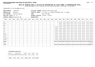 DIRECCION REGIONAL SECTORIAL DE EDUCACION - TACNA                                                                                                                                                         Página:      134
Ruc :20325722941
                                          HOJA DE TRABAJO PARA EL CALCULO DE PREPARACION DE CLASE SOBRE LA REMUNERACION TOTAL
                                                         CALCULO REALIZADO AL 30 %; Y AJUSTES DEL 16% A LOS D.U.090-1996, D.U.073-1997, D.U.011-1999

LIQUIDACION AL 31 DE DICIEMBRE DEL 2011

CODIGO MODULAR          : 1000435764                                        APELLIDOS Y NOMBRES: LANCHIPA LOPEZ GLADYS LAURA
NUMERO DE DNI           : 00435764                                          CENTRO DE TRABAJO      : IE. 42211 T.A. ALFONSO EYZAGUIRRE TARA - LA YARADA
TIPO SERVIDOR           : Docente Nombrado                                  CARGO                  : PROF. POR HORA
NIVEL MAG. ACTUAL: II - 24                                                  PERIODO A ANALIZAR : 02/1991 - 12/2011
EXPEDIEN. PROCESO: Proceso N§ 5565                                          OBSERVACIONES          :

   Meses     1991       1992       1993         1994    1995      1996       1997      1998     1999   2000   2001    2002    2003      2004     2005     2006     2007     2008     2009     2010      2011        Total



Enero                                                                                                                                   338.36   372.86   402.86   425.14   425.14   425.14   425.14     425.14     3,239.78

Febrero                                                                                                                                 338.36   372.86   402.86   425.14   425.14   425.14   425.14     425.14     3,239.78

Marzo                                                                                                                                   338.36   372.86   402.86   425.14   425.14   425.14   425.14     425.14     3,239.78

Abril                                                                                                                          308.36   338.36   372.86   402.86   425.14   425.14   425.14   425.14     425.14     3,548.14

Mayo                                                                                                                           338.36   359.36   393.86   414.41   425.14   425.14   425.14   425.14     425.14     3,631.69

Junio                                                                                                                          338.36   359.36   393.86   414.41   425.14   425.14   425.14   425.14     425.14     3,631.69

Julio                                                                                                                          338.36   359.36   393.86   414.41   425.14   425.14   425.14   425.14     425.14     3,631.69

Agosto                                                                                                                         338.36   372.86   402.86   414.41   425.14   425.14   425.14   425.14     425.14     3,654.19

Setiembre                                                                                                                      338.36   372.86   402.86   425.14   425.14   425.14   425.14   425.14     425.14     3,664.92

Octubre                                                                                                                        338.36   372.86   402.86   425.14   425.14   425.14   425.14   425.14     425.14     3,664.92

Noviembre                                                                                                                      338.36   372.86   402.86   425.14   425.14   425.14   425.14   425.14     425.14     3,664.92

Diciembre                                                                                                                      338.36   372.86   402.86   425.14   425.14   425.14   425.14   425.14     425.14     3,664.92

Usuario                                                                                                                      3,015.24 4,295.82 4,687.32 4,969.64 5,101.68 5,101.68 5,101.68 5,101.68   5,101.68 42,476.42

Essalud                                                                                                                                                                                                             2,913.75

TOTAL                                                                                                                        3,015.24 4,295.82 4,687.32 4,969.64 5,101.68 5,101.68 5,101.68 5,101.68   5,101.68 45,390.17




            COSTO MENSUAL PERIODO 2012

            Prepa. de          Ajuste del 16%           Importe    Total     Aporte    Costo
            Clase 30% DU.090-96 DU.073-97 DU.011-99     Pagado    Usuario    Essalud   Total



             366.24      24.33      28.22       32.73    26.38    425.14      38.26    463.40
 